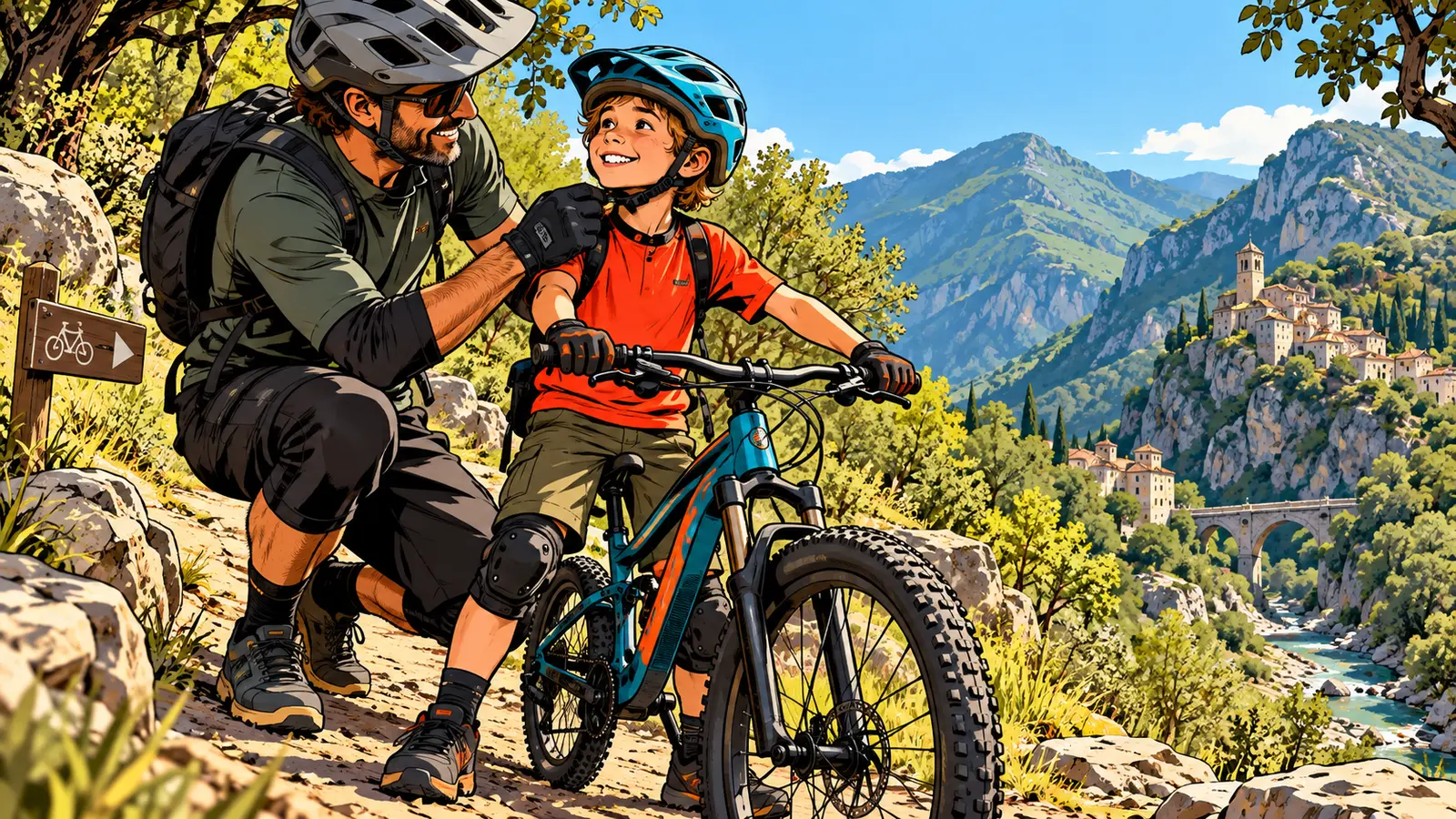 Illustrazione: un istruttore sistema il casco a un bambino in mountain bike, con un borgo ligure sullo sfondo