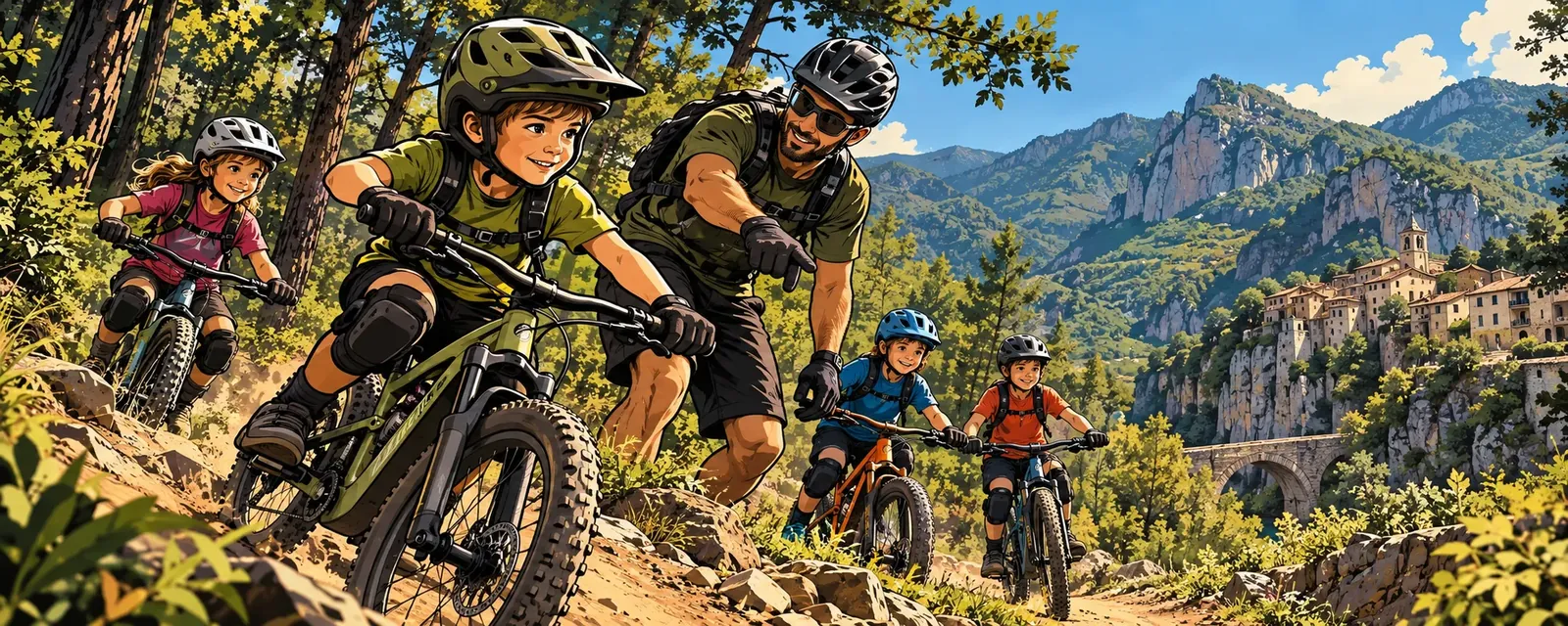 Illustrazione: bambini in mountain bike con casco e protezioni seguono un istruttore su un sentiero nel bosco, con un borgo di pietra e un ponte sullo sfondo