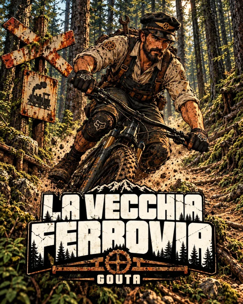 Illustrazione del sentiero La Vecchia Ferrovia a Gouta: biker in discesa nel bosco di abeti accanto a un cartello ferroviario