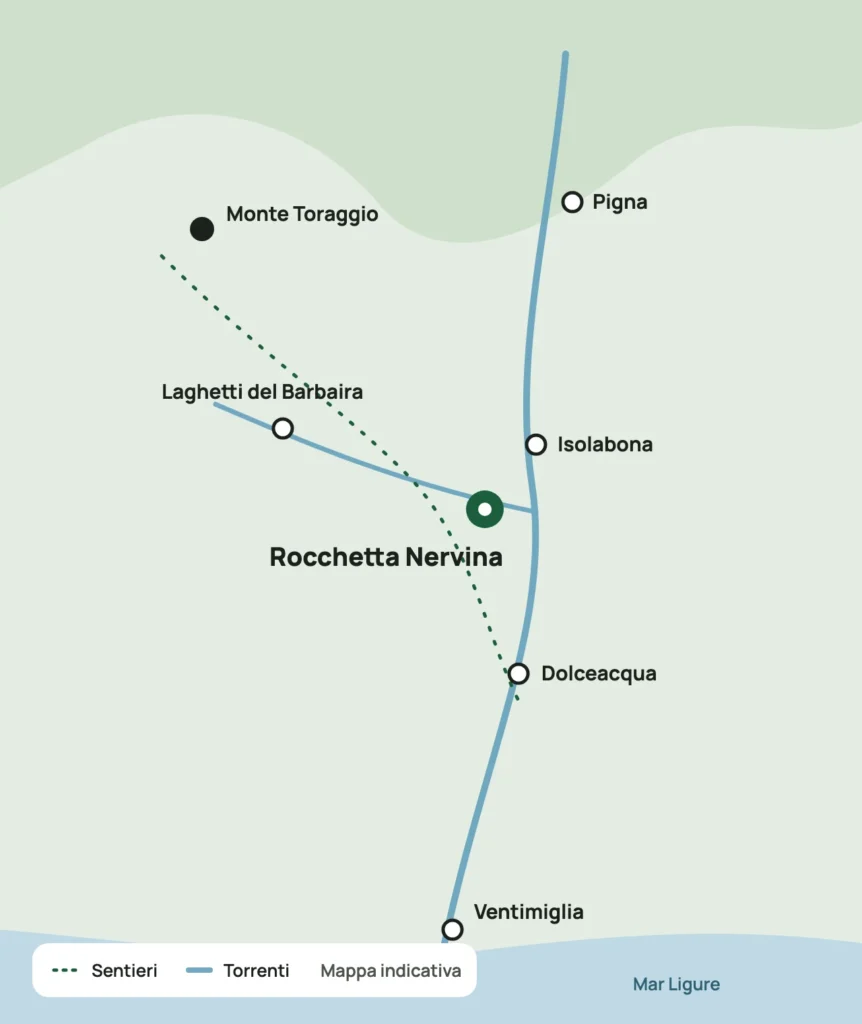 Mappa indicativa della Val Nervia con Rocchetta Nervina, i Laghetti del Barbaira, Dolceacqua, Isolabona, Pigna, il Monte Toraggio e Ventimiglia