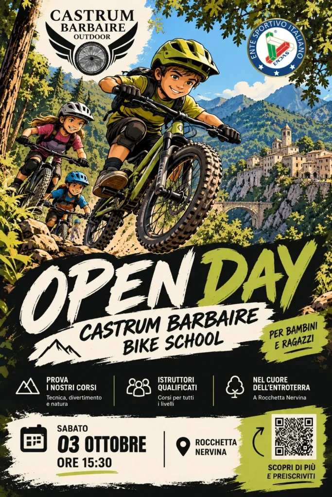 Locandina Open Day Castrum Bike School: sabato 3 ottobre ore 15:30 a Rocchetta Nervina, bambini e ragazzi in mountain bike