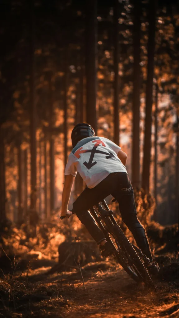 Rider in curva nel bosco al tramonto
