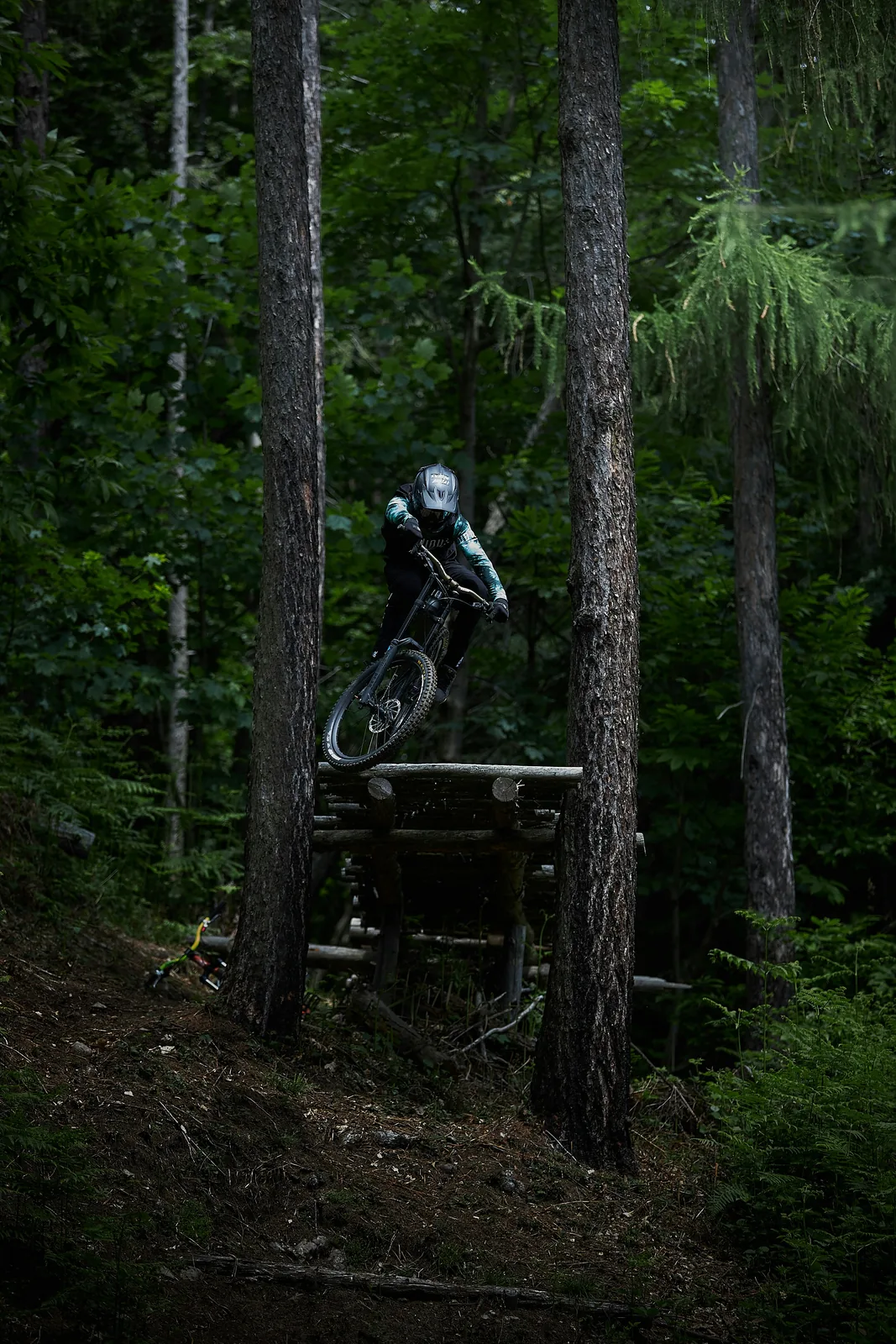 Rider su un salto in legno nel bosco