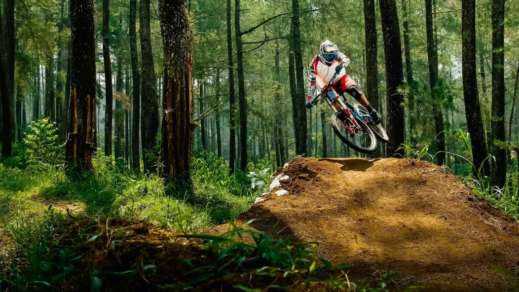 Rider in salto in una pineta